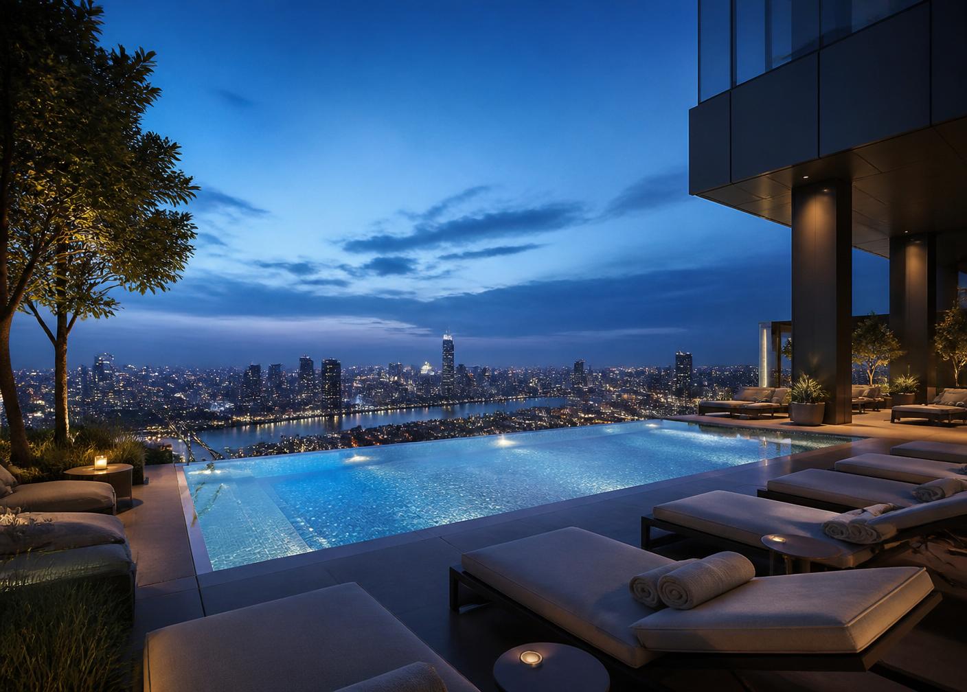 Rooftop infinity pool overlooking the city skyline