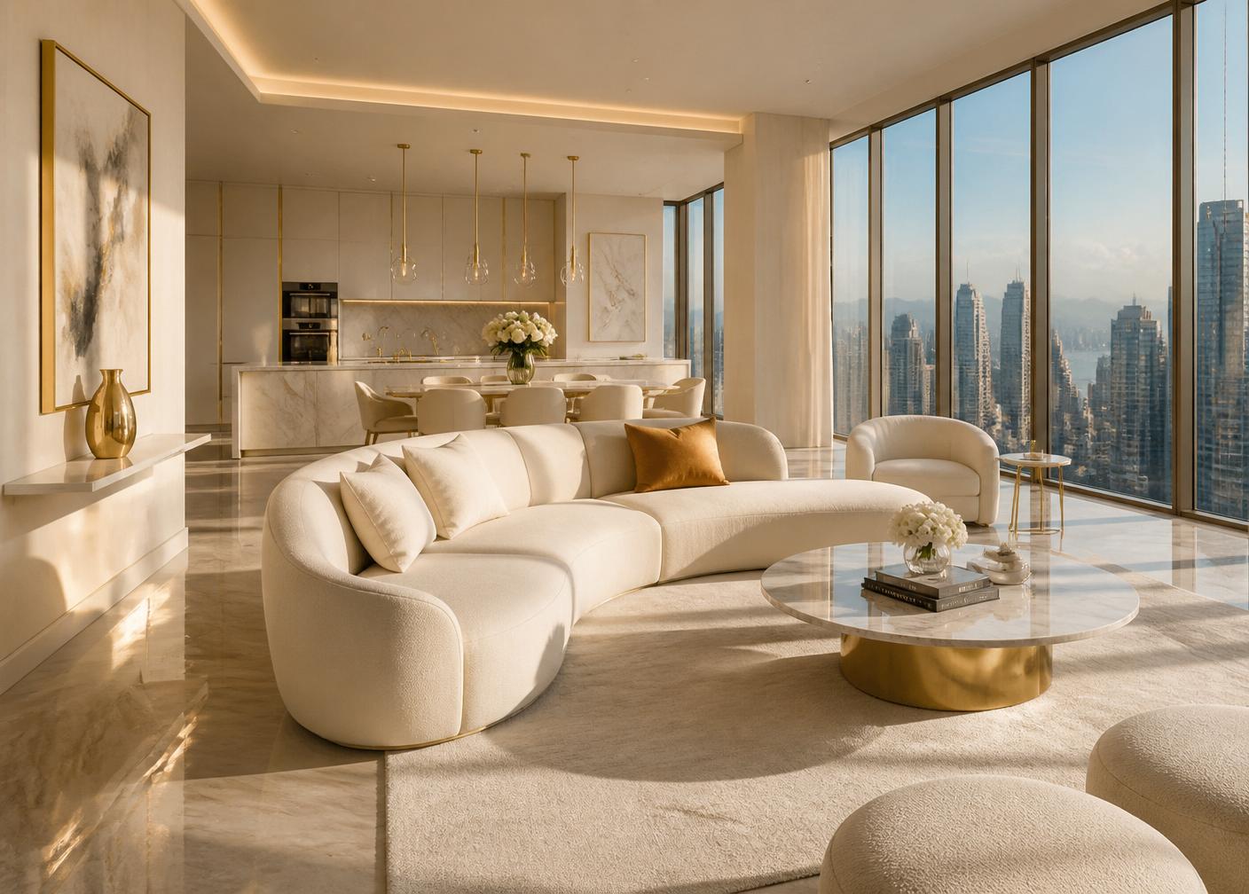 Luxury residence living room with skyline views
